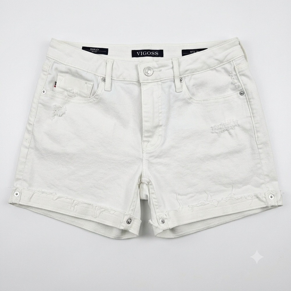 Vigoss Marley Denim Shorts‎ Womens 26 White Mid Rise Distressed Cuffed Stretch